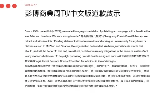 彭博中文致歉：此前刊文标题是对 CZ 和 Binance “虚假和毫无根据”的指控