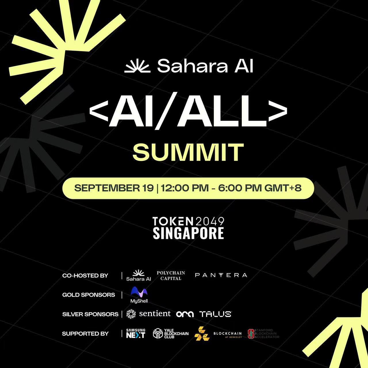 Sahara AI将于9月19日举办「<AI/ALL> Summit Singapore」峰会，Binance Labs等出席