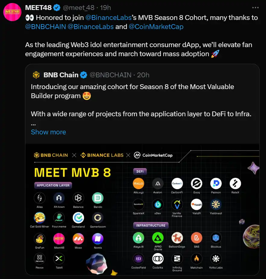 MEET48正式加入BNB Chain与 Binance Labs和CMC Labs合作的第8季MVB加速器计划，以往项目入选率不足1%